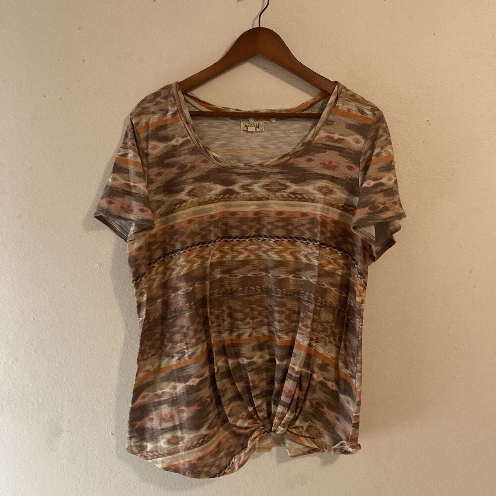 ONE WORLD tan brown geometric scoop neck knotted hem knit top XL